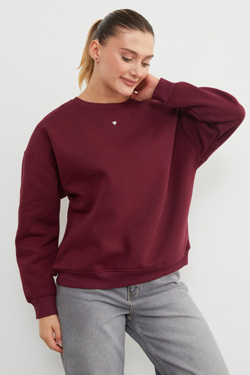 Fulla Moda 3 Thread Stone Heart Detailed Oversize Sweatshirt