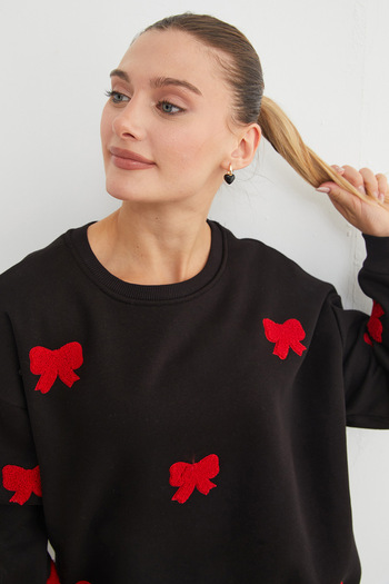 Fulla Moda 3 Thread Bow Embroidered Oversize Sweatshirt
