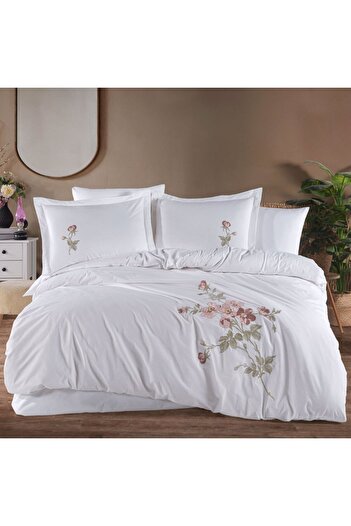 Hobby home collection Premium Palmyra White - Poplin Double Embroidered Duvet Cover Set
