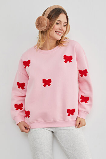 Fulla Moda 3 İplik Fiyonk Nakışlı Oversize Sweatshirt