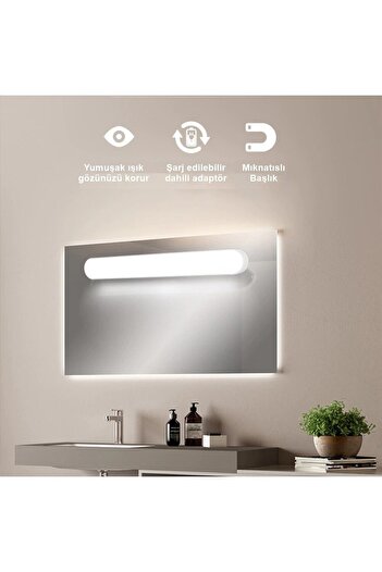 Noas Led NOAS Banyo Yatak Odası Mıknatıslı Kabin Makyaj Tıraş Led Işık Usb Şarjlı Kablosuz Led Lamba