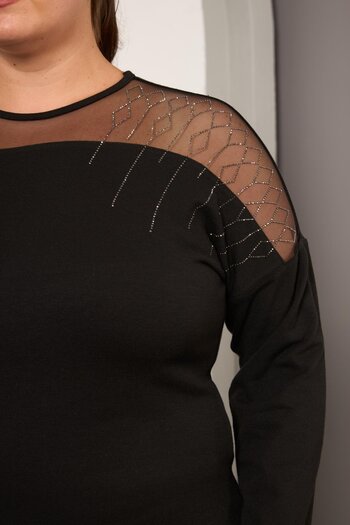 RMG Plus Size Blouse with Tulle Stone Detail on the Shoulders Black