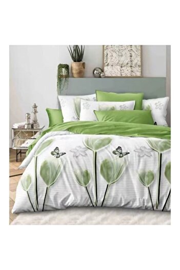 Evia Home Double bed linen set made of finet, with 4 pillowcases, Evia Home, Green Tulip