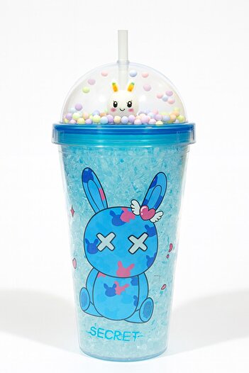 HediyeFilesi Water Bottle with Straw, Frosted Glass Look, 450 ml Double Layer Mica Water Bottle, 2087 Blue