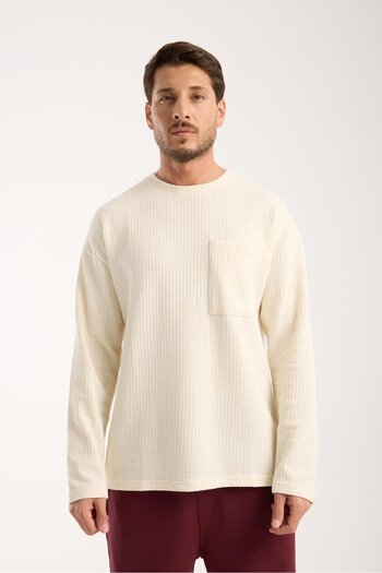 Store Basic Cotton Waffle Fabric Men's Sweatshirt – Relaxed Fit Solid Color Long Sleeve Crew Neck