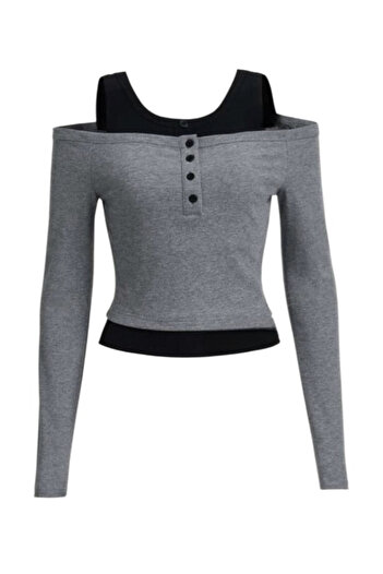 Köstebek Buttoned Madonna Collar Smoked Blouse with Insert Piece
