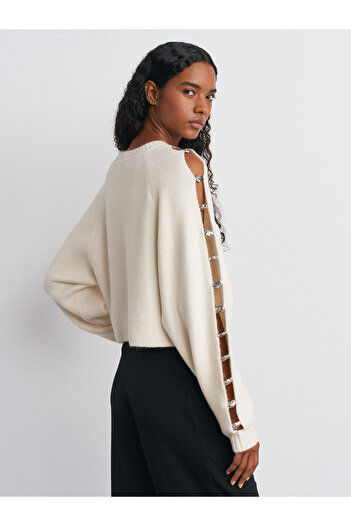 Dilvin 10810 Wool Blend Accessory Detailed Knitwear Sweater-Ecru