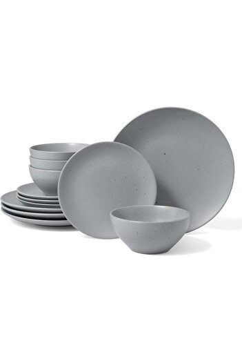 Famiware 12 Piece Dinnerware Set, Set for 4, Scratch Resistant, Microwave & Dishwasher Safe, Dark Gr