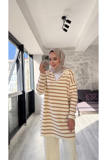 MODA Thin Striped Hijab Knitwear Two-Piece Set - Ecru