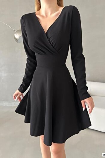 sharin Women's Black Double Breasted Collar Crepe Fabric Long Sleeve Mini Flared Dress 4F-2360