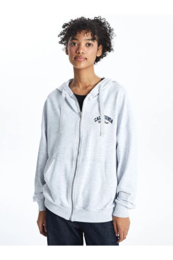 LC Waikiki Xside Gray Hooded Printed Long Sleeve Oversize Women's Zippered Sweatshirt