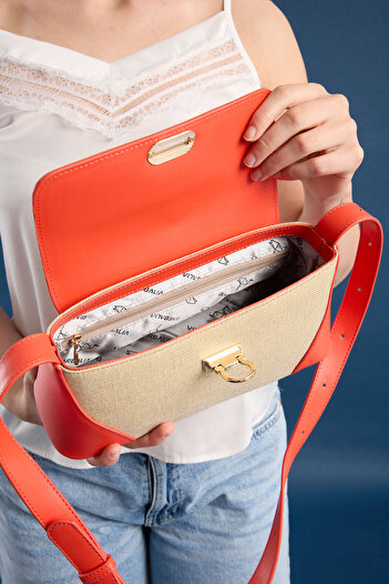 Garbalia Ottava Wicker Pattern Women's Orange Shoulder Bag with Internal Zipper Compartment and Special Buckle Lock