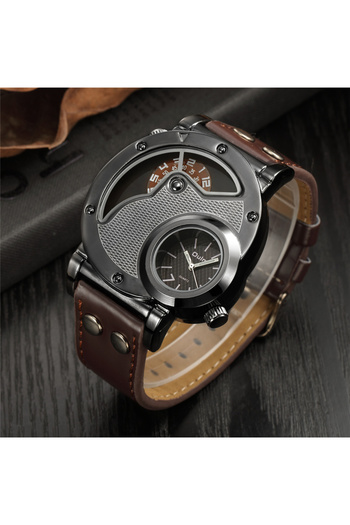 Oulm Men's Watch Quartz Analog Leather Round Multiple Time Zones Casual