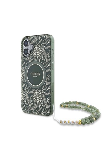 Guess Case for IPhone 16 Plus, IML Flowers Allover Electro With Pearl Strap MagSafe, - Green