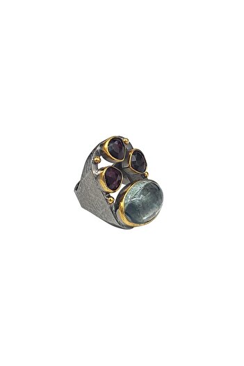 Eylül silver Black & Gold Ring with Aquamarine and Rhodolite