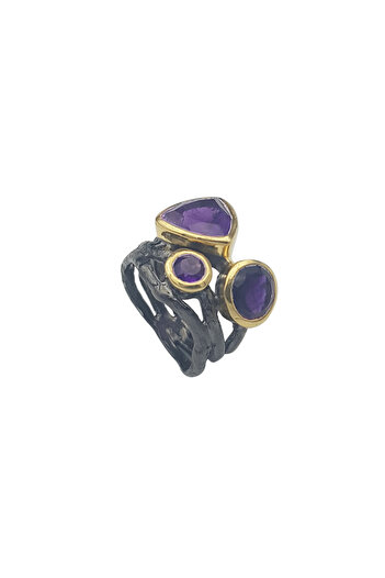 Eylül silver Inel negru și auriu cu ametist 002