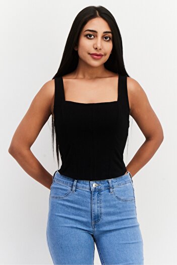 Royalty By Maluma Women Square Neck Sleeveless Plain Crop Top, Black