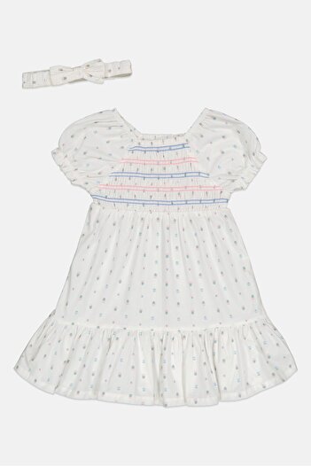 Willow & Whistle Toddlers Girl Allover Print Dress With Headband, White