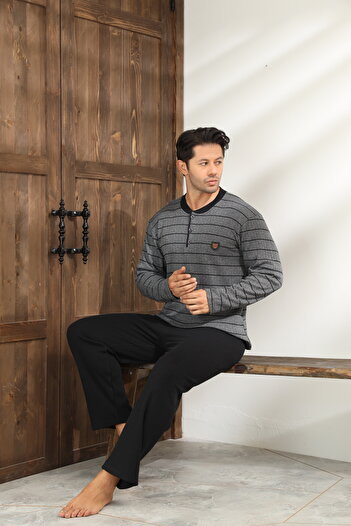 CALİA Winter Men's Interlock Collar Buttoned Long Sleeve Pajama Set