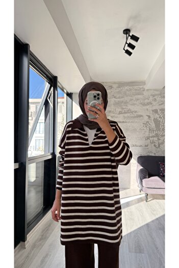MODA Thin Striped Hijab Knitwear Two-Piece Set - Brown