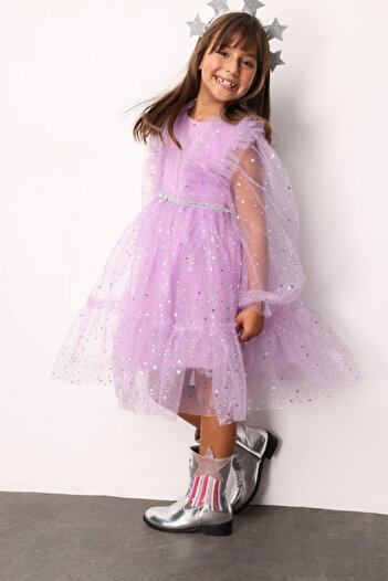 Le Mabelle Lila Omzu Starry Girl's Dress with Ruffle Detail - Stella
