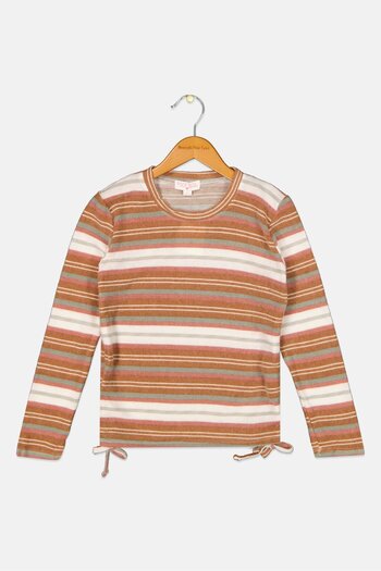 Poof Girl Kids Girl Stripe Crew Neck Sweatshirt, Brown Combo