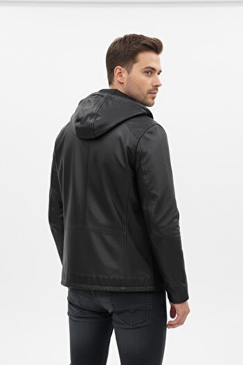 Deriderim Men's Black Hooded Genuine Leather Coat