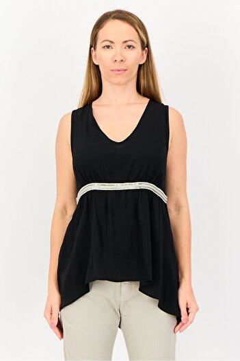 TWINSET Women V Neck Sleeveless Textured Top, Black
