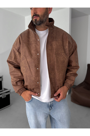 BYBASICMAN Coffee Effect Bomber Leather Jacket Ep-7321