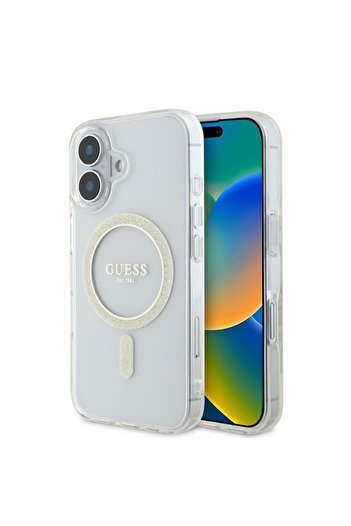 Guess Case for IPhone 16, IML Glitter Circle MagSafe - Transparent