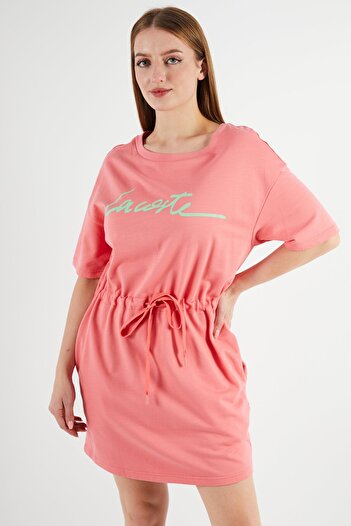 Lacoste Women Script Logo Short Sleeve Shirt Dress, Pink
