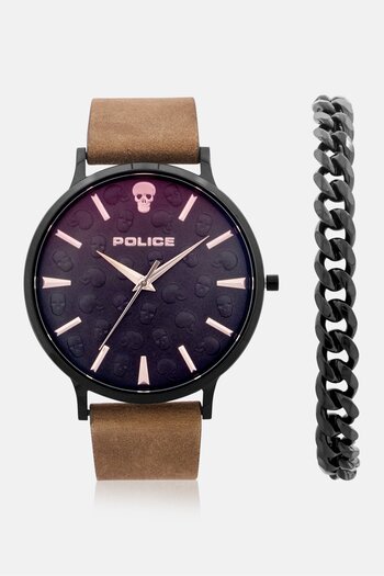 Police Men PL16023JSB/02 Analog Leather Strap Watch 42 mm With Stainless Steel Bracelet, Brown