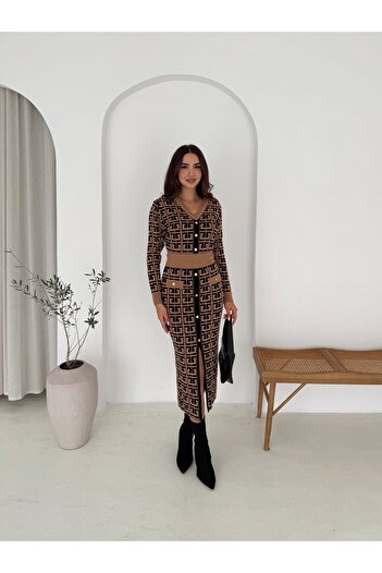 b buhari bykoc Patterned V-Neck Knitwear Dress