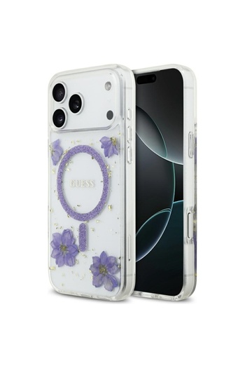 Guess Case for iPhone 17 Pro Max, Resin Flowers and Glitter MagSafe, - Purple