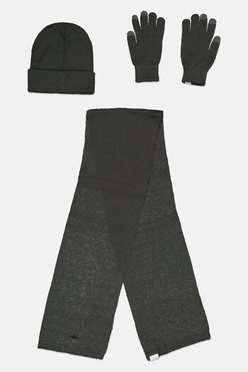Dockers Men 3 Pieces Brand Logo Beanie With Gloves Set, Charcoal