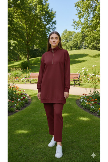 Kirazgym Zippered Detailed Stand Collar Combed Cotton Suit