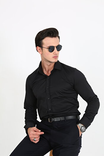 Hazhers Classic Men's Slim Fit Solid Color Breathable Lycra Fabric Shirt Collar Shirt