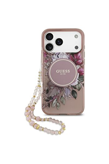 Guess Case for iPhone 17 Pro Max, IML Flowers with Pearl Strap MagSafe, - Pink