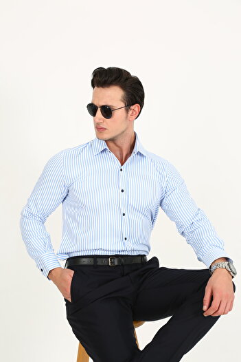 Hazhers Classic Men's Slim Fit Solid Color Lycra Fabric Shirt Collar Striped Shirt