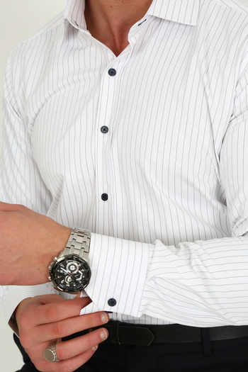 Hazhers Classic Men's Slim Fit Solid Color Breathable Cotton Fabric Shirt Lapel Striped Shirt