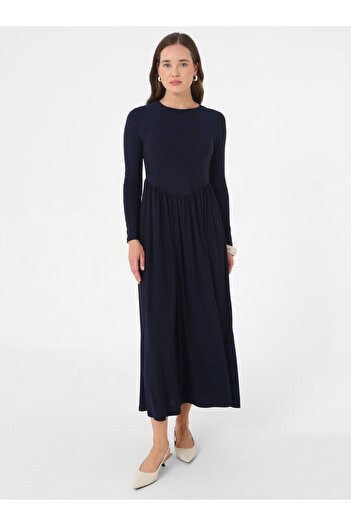Refka Sandy Fabric Hijab Dress with Corset Detail at the Waist - Navy Blue -