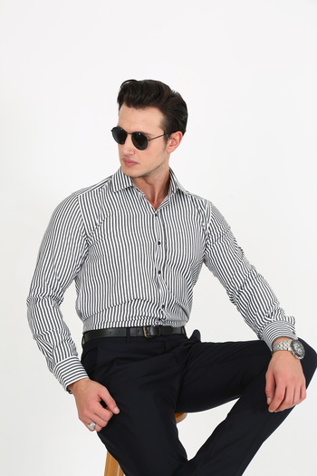 Hazhers Classic Men's Slim Fit Solid Color Lycra Fabric Shirt Collar Striped Shirt