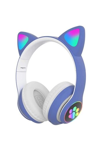 OEMN Căști wireless pentru copii Gobro, Bluetooth, design cu urechi de pisică, iluminare LED, albastre