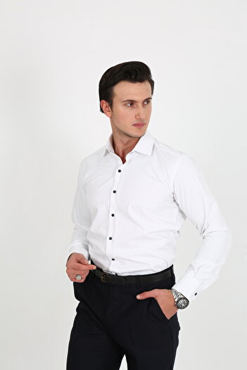 Hazhers Classic Men's Slim Fit Solid Color Breathable Cotton Fabric Shirt Lapel Striped Shirt