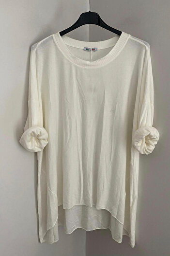 AYASOFYA OTANTIK Women's Italian White Crew Neck Loose Oversized Knit Blouse Tunic Sweater