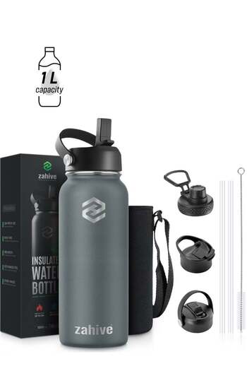 Zahira Zahive Insulated Stainless Steel Water Bottle with Straw with 3 Lids and Bag 1000 ml, Double Wall Th