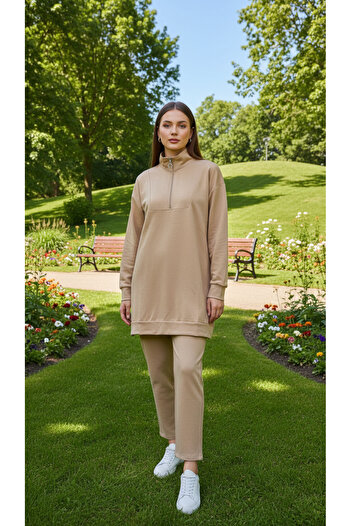 FERHEL Zippered Detailed Stand Collar Combed Cotton Suit