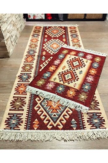 OEM 1+1 set traditional woven rugs, double-sided, dimensions 100x200cm+60x90cm, red and cream, ROMB mode