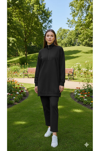 Kirazgym Zippered Detailed Stand Collar Combed Cotton Suit