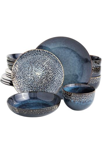 Gibson Elite Matisse 16 Piece Double Bowl Dinnerware Set, Cobalt Blue